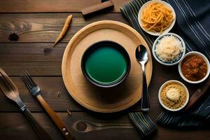 uma de madeira mesa com taças do Comida e uma copo do verde chá. gerado por IA foto