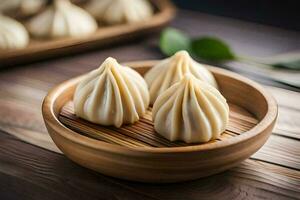 três dumplings dentro uma de madeira tigela em uma mesa. gerado por IA foto