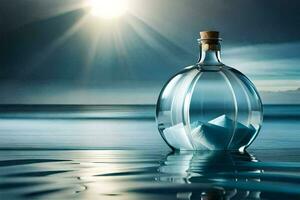 mensagem dentro uma garrafa, água, oceano, céu, sol, hd papel de parede. gerado por IA foto