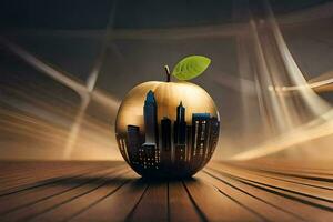dourado maçã com paisagem urbana em isto, em uma de madeira mesa. gerado por IA foto