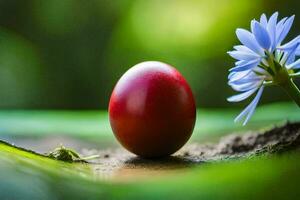 uma vermelho ovo em uma folha com azul flores gerado por IA foto