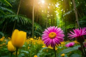 Rosa flores dentro a floresta com Sol brilhando. gerado por IA foto