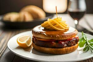 uma Hamburger com uma lado do fritas e uma vidro do vinho. gerado por IA foto