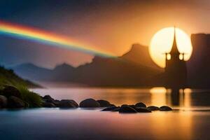 uma arco Iris sobre uma castelo dentro a meio do uma lago. gerado por IA foto