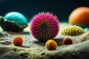uma colorida bola do espetado plantas e de outros objetos. gerado por IA foto