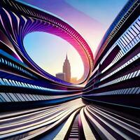 uma futurista cidade com uma curvado túnel. gerado por IA foto