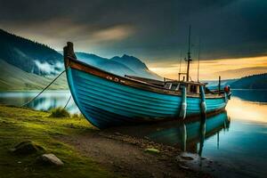 uma barco senta em a costa do uma lago às pôr do sol. gerado por IA foto