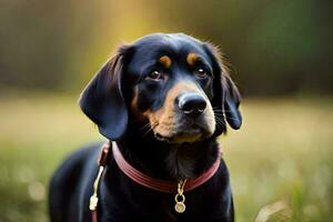 uma Preto e bronzeado cachorro com uma vermelho colarinho. gerado por IA foto