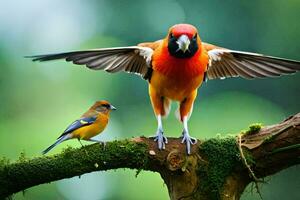 uma colorida pássaro é em pé em uma ramo. gerado por IA foto