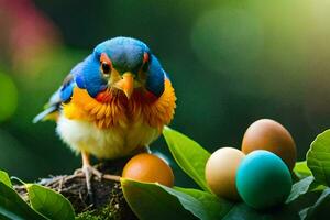 uma colorida pássaro senta em topo do uma ninho do ovos. gerado por IA foto