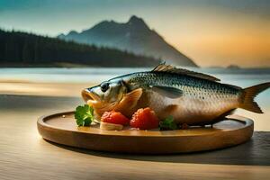uma peixe em uma prato com tomates e ervas. gerado por IA foto