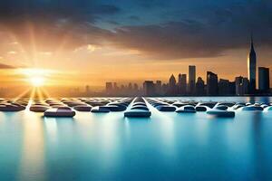 a Sol é configuração sobre uma cidade Horizonte com muitos barcos. gerado por IA foto