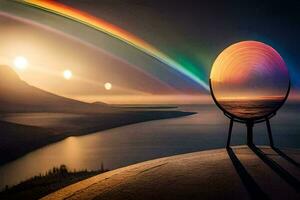 uma arco Iris é refletido dentro uma espelho em topo do uma montanha. gerado por IA foto