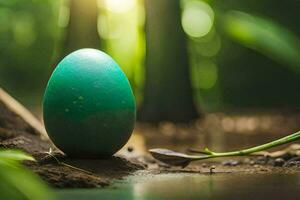 uma verde ovo sentado em a terra dentro uma floresta. gerado por IA foto