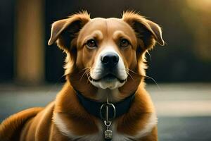 uma Castanho cachorro com uma colarinho em senta em a chão. gerado por IA foto