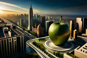a maçã é sentado em topo do uma cidade. gerado por IA foto