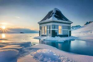 uma pequeno casa senta em a Beira do uma congeladas lago. gerado por IA foto