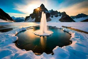 uma fonte dentro a neve com montanhas dentro a fundo. gerado por IA foto