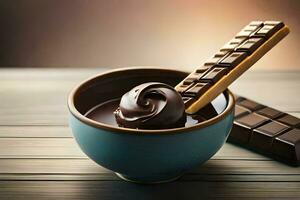 chocolate dentro uma tigela com uma colher. gerado por IA foto