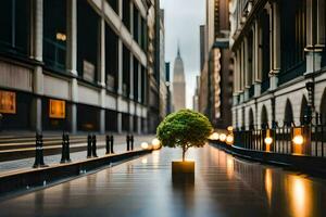 uma pequeno árvore é sentado em a lado do uma rua. gerado por IA foto