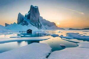 a Sol conjuntos sobre a iceberg e uma pequeno cabana. gerado por IA foto