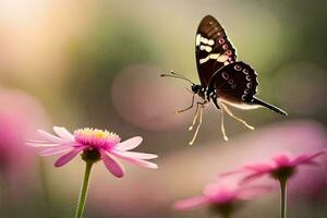 uma borboleta é vôo sobre Rosa flores gerado por IA foto