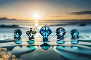 uma grupo do diamantes dentro a água com a Sol configuração atrás eles. gerado por IA foto