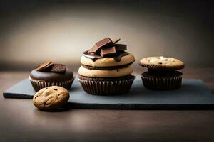 chocolate bolos de copo e biscoitos em uma Preto ardósia. gerado por IA foto