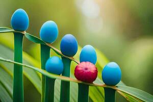 uma grupo do azul ovos em uma plantar. gerado por IA foto