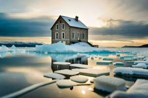 uma casa senta em topo do gelo dentro a meio do a oceano. gerado por IA foto