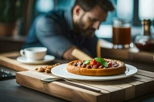 uma homem sentado às uma mesa com uma prato do Comida. gerado por IA foto