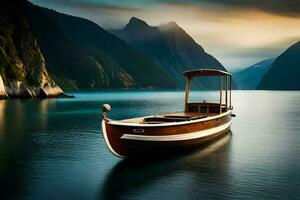 uma barco flutuando dentro a água perto montanhas. gerado por IA foto