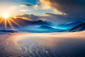 a Sol brilha sobre uma deserto panorama com montanhas dentro a fundo. gerado por IA foto