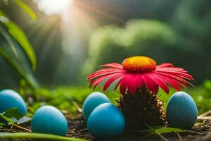 Páscoa ovos e uma flor dentro a grama. gerado por IA foto