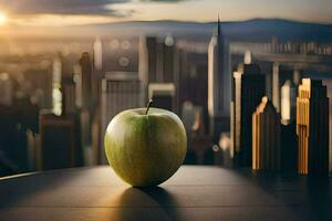 a maçã senta em uma mesa dentro frente do uma paisagem urbana. gerado por IA foto