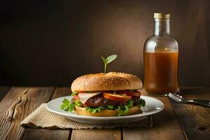 uma Hamburger com legumes e uma garrafa do ketchup. gerado por IA foto