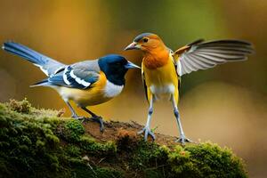 dois pássaros estão em pé em uma musgoso ramo. gerado por IA foto
