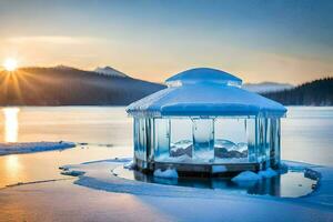 uma gazebo em a congeladas lago às pôr do sol. gerado por IA foto