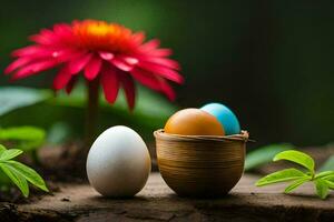 três ovos dentro uma cesta com uma flor. gerado por IA foto