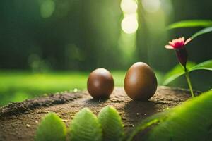 dois Castanho ovos em uma toco dentro a floresta. gerado por IA foto