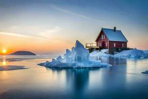 uma vermelho casa senta em topo do a iceberg dentro a meio do a oceano. gerado por IA foto