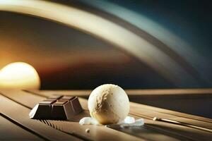 uma chocolate Barra e gelo creme sentado em uma de madeira mesa. gerado por IA foto