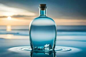 uma garrafa do água senta em a de praia com a Sol configuração atrás isto. gerado por IA foto
