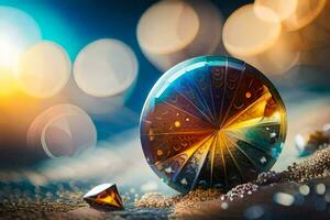 uma colorida cristal bola sentado em a areia. gerado por IA foto