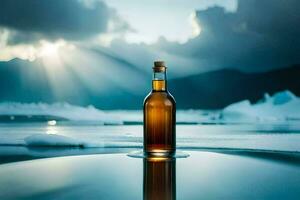 uma garrafa do uísque em a gelo. gerado por IA foto