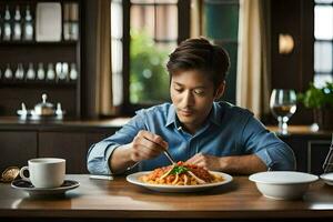 uma homem comendo massa dentro uma restaurante. gerado por IA foto