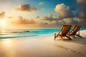dois salão cadeiras em a de praia às pôr do sol. gerado por IA foto