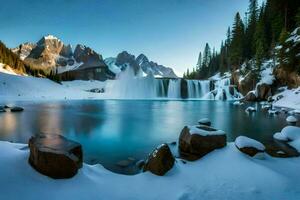 uma lindo cascata dentro a neve. gerado por IA foto