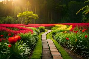 uma caminho conduz para uma campo do vermelho tulipas. gerado por IA foto