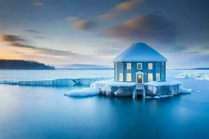 uma casa em a ilha dentro a meio do a água. gerado por IA foto